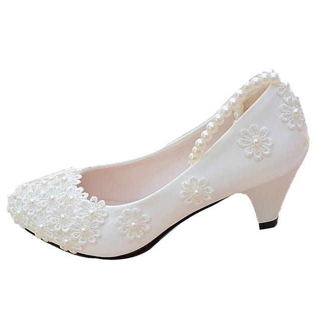 Heels Decorated Floral – White Wedding Pearl Women's Lace