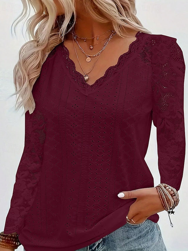 Women's Pointelle Shirt Eyelet Top Lace Splicing Top Blouse