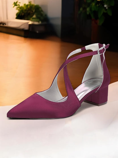 - Block Heels Women's Elegant Toe Pointed Ivory Satin