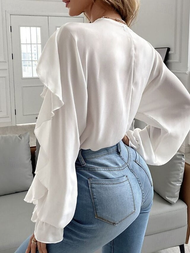 Women's Casual Shirt Blouse Chiffon Tops Ruffle Buttons