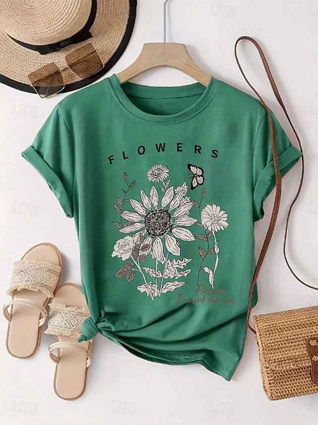 Women's T Shirt Print Sunflower Daisy Letter Fashion Basic