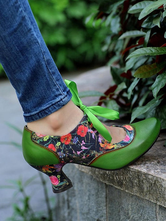 Jane Leather Women's with Floral Green Mary Heels Print