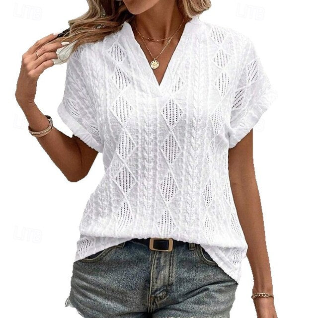 Women's Eyelet Top Pointelle Tee Elegant Short Sleeve V