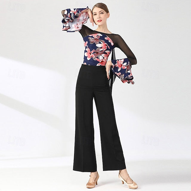 Floral Bell Dance Mesh Women's Ballroom Splice Sheer Top