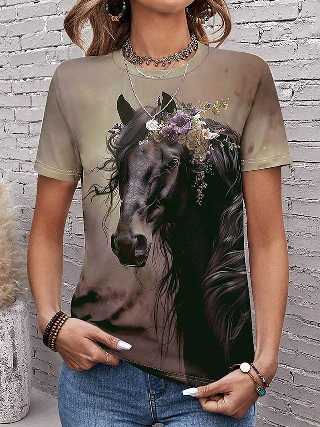 Women's T Shirt Casual Ombre Horse Print Short Sleeve