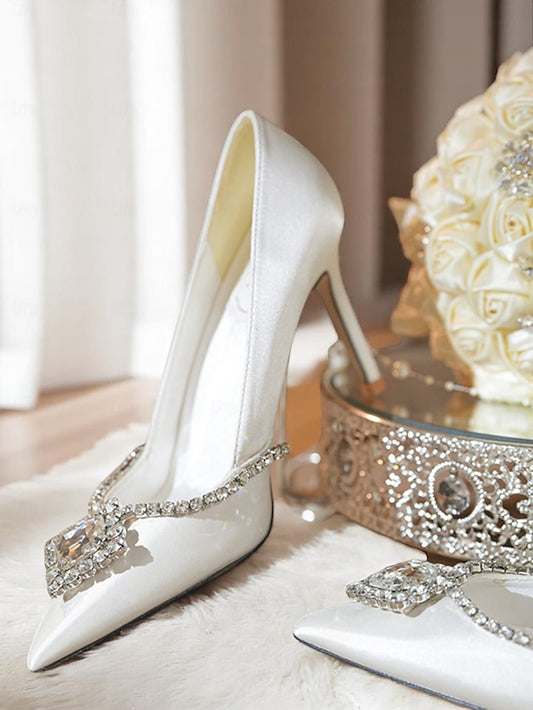 Pointed with Heels Satin Women's Wedding Toe White Crystal