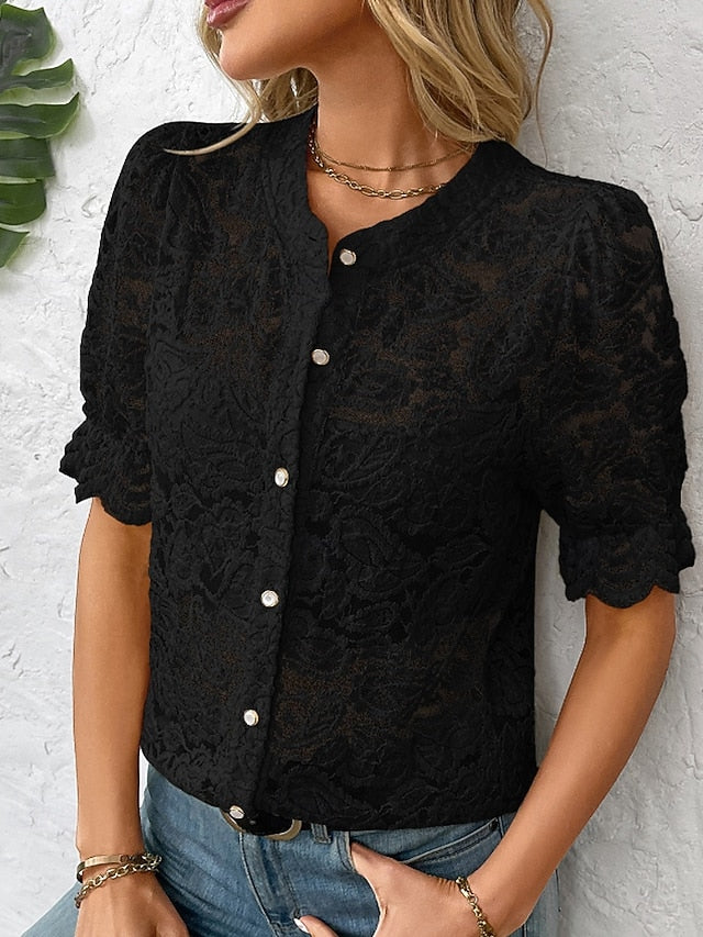 Women's Blouse Lace Tops Lace Buttons Plain Vintage Stylish