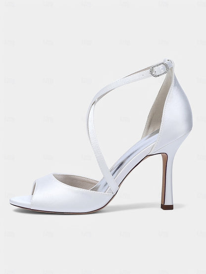 Satin – White Women's Cross-Strap Peep-Toe Heels Elegant