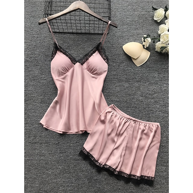 Women's Lace Satin Silk Pajamas Sets 4 Pcs Home Party Daily