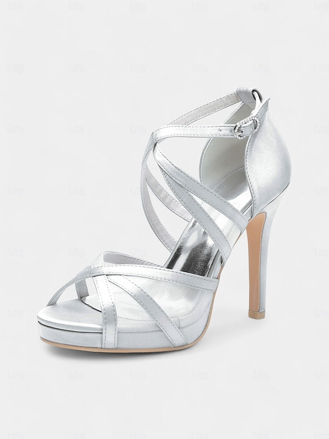 with Straps Satin White Sandals - Perfect Cross Bridal High Heel