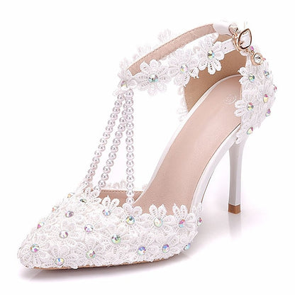 Heel Shoes Women's Wedding High Bridal Lace Pointed