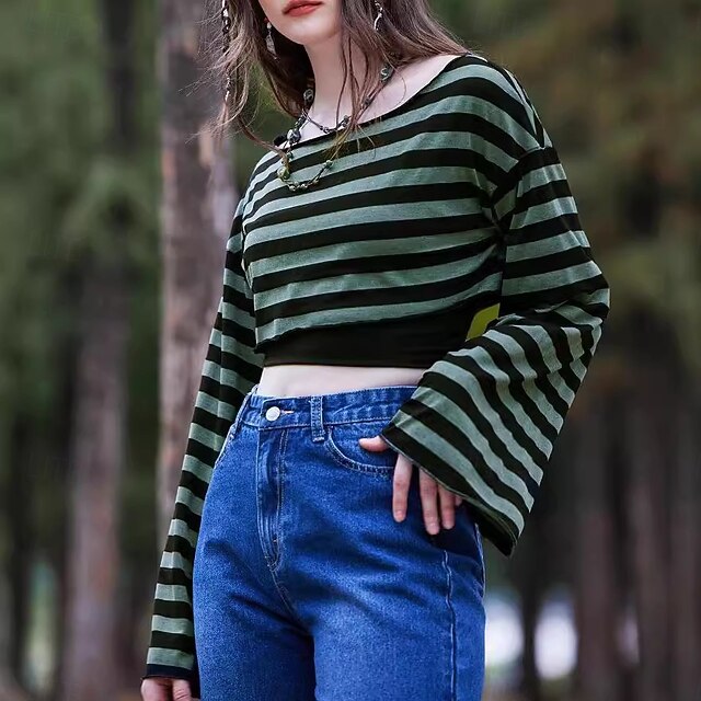 Fancy Goth Neck Punk Gothic Sweatshirt Boat Striped Girl