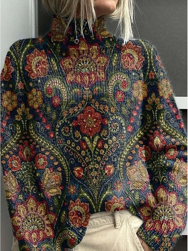 Women's Sweater Casual Soft Floral Ribbed Turtleneck