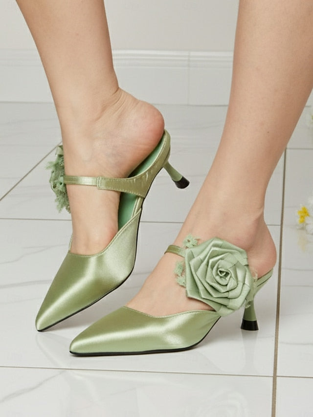 Women's Toe Ankle Satin Floral Pointed Heels with Green