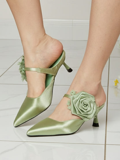 with Pointed Green Heels Ankle Satin Women's Floral Toe