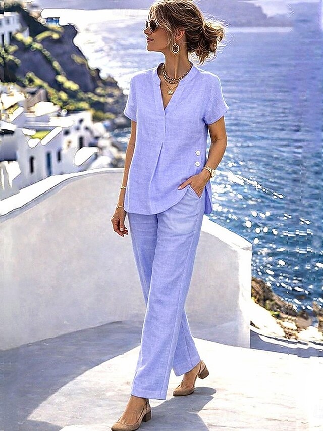 Women's Cotton Linen Sets Pants Sets Bolero Top Short