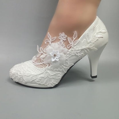 Elegant Bridal Women's White Wedding Floral Lace Heels –