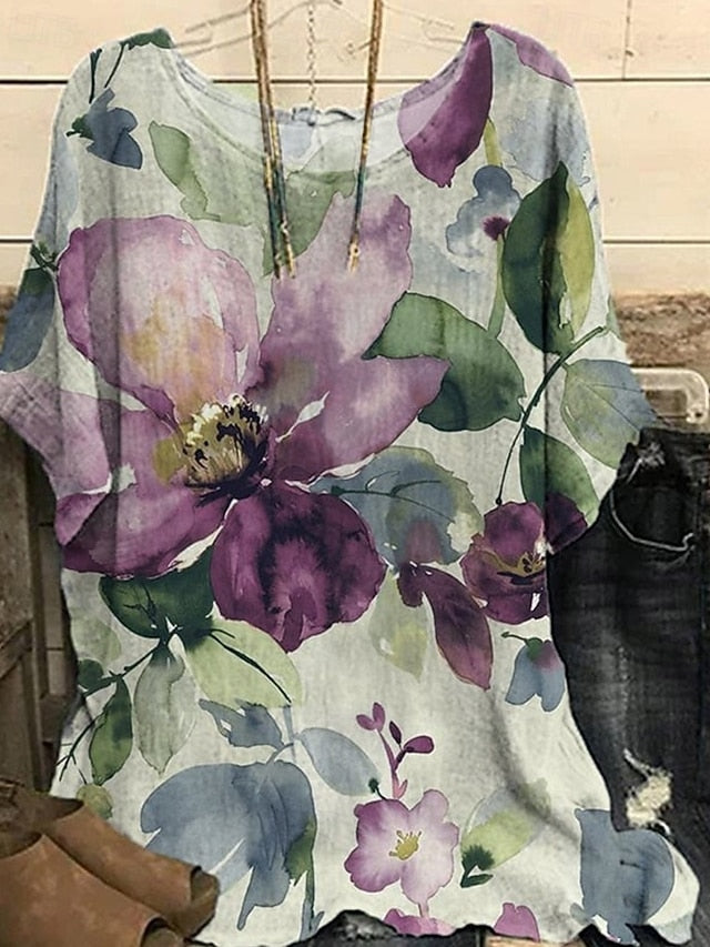Women's Shirt T Shirt Tee Top Print Flowers Elegant Fashion