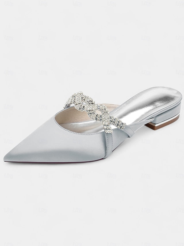 Pointed-Toe - Detailing with Mule Blue Heels Satin Rhinestone