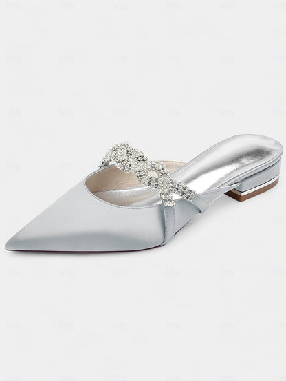 Pointed-Toe - Detailing with Mule Blue Heels Satin Rhinestone