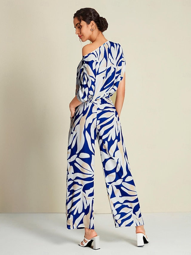 Satin Mismatched Floral Slash Neck T-shirt Sleeve Two Piece Set