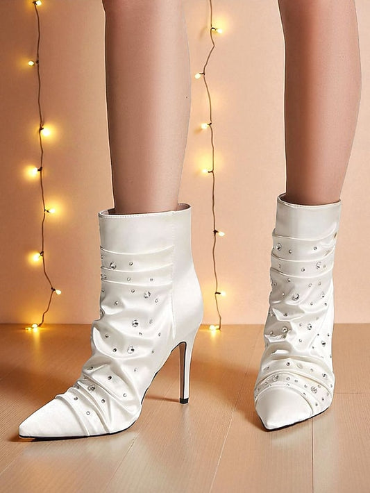 Rhinestone White with Satin Women's Ankle Boots