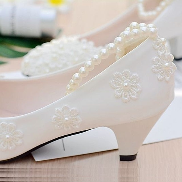 Heels Decorated Floral – White Wedding Pearl Women's Lace