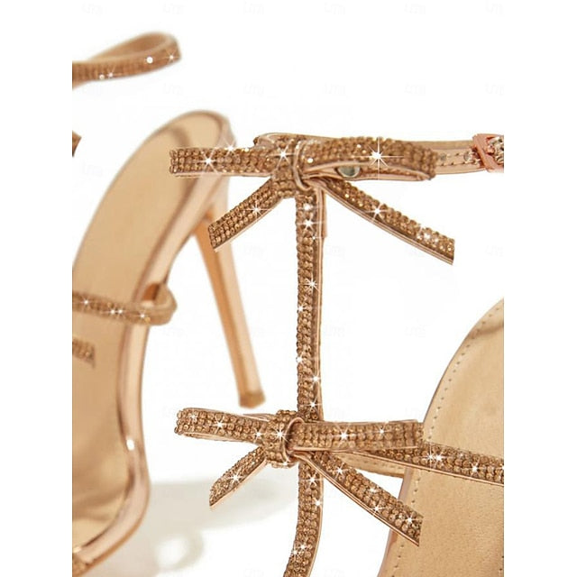 Sparkly Sandals Knot – Strappy Bow Women's Stiletto Gold