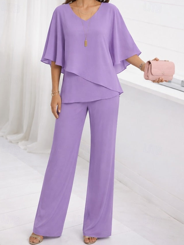 Women's Blouse Wide Leg Pants 3/4 Length Sleeve V Neck