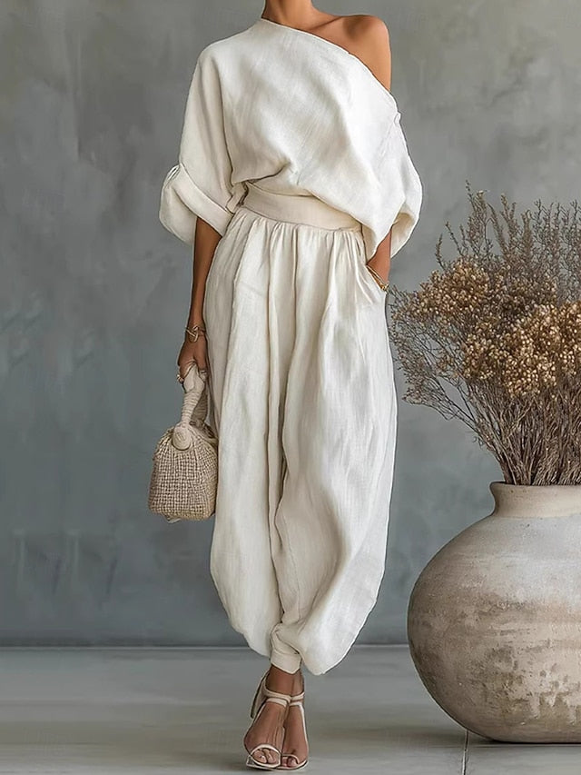 Women's Cotton Linen Sets Pants Sets Bolero Top Long Sleeve