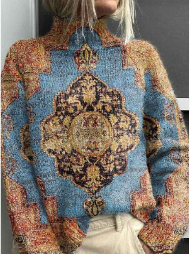 Women's Sweater Casual Soft Floral Ribbed Turtleneck