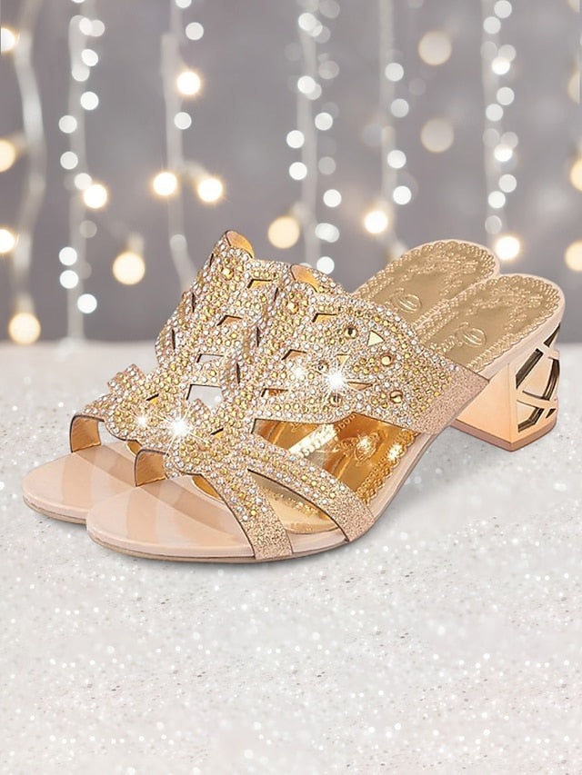 and Heeled Sandals Rhinestone Gold Embellished - Green