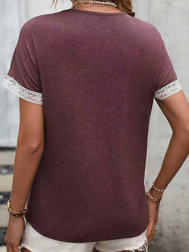 Women's T Shirt Lace Splicing Top Pleats Lace Trim Splicing