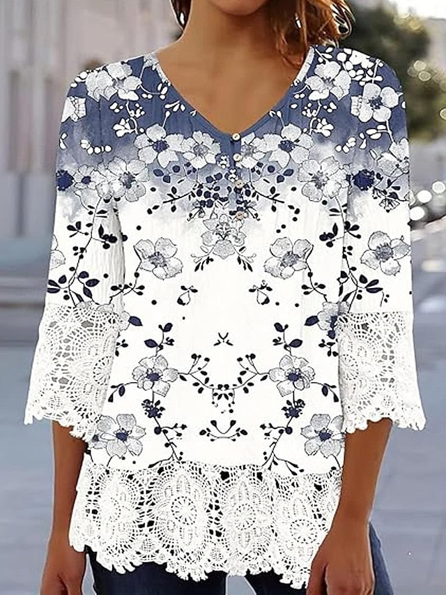 Women's Elegant Lace Tops Eyelet Blouse Casual Ombre Floral
