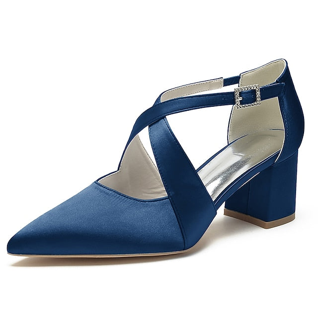 Satin Elegant Toe – White Women's Heels Block Pointed