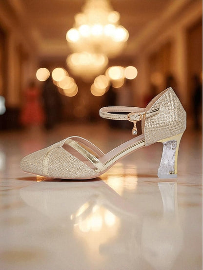 Strap Heel Gold Pumps Ankle Women's Block - Glitter Elegant