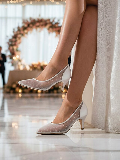 White Women's and Mesh Dot Polka Wedding with Shoes Low