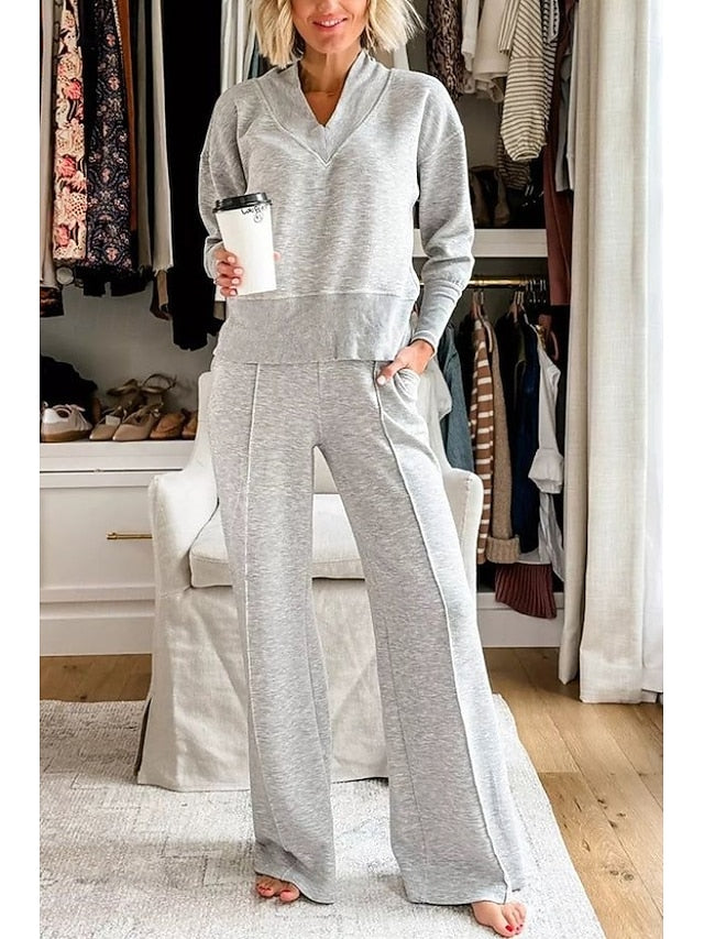 Bolero Top Pants Sets Women's V Solid Neck Sleeve Long