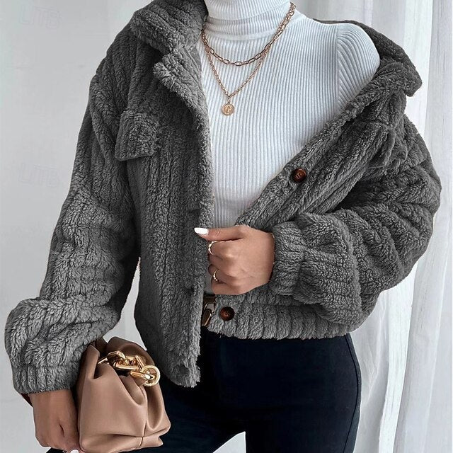 Warm Casual Coat Buttons Comfortable Plain Women's Teddy