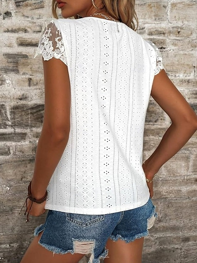 Women's White Elegant Lace Tops Eyelet Blouse Casual Solid