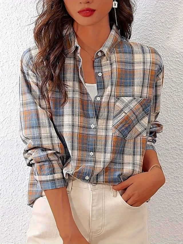 Women's Shirt Blouse Ruched Patchwork Pocket Plaid Plain
