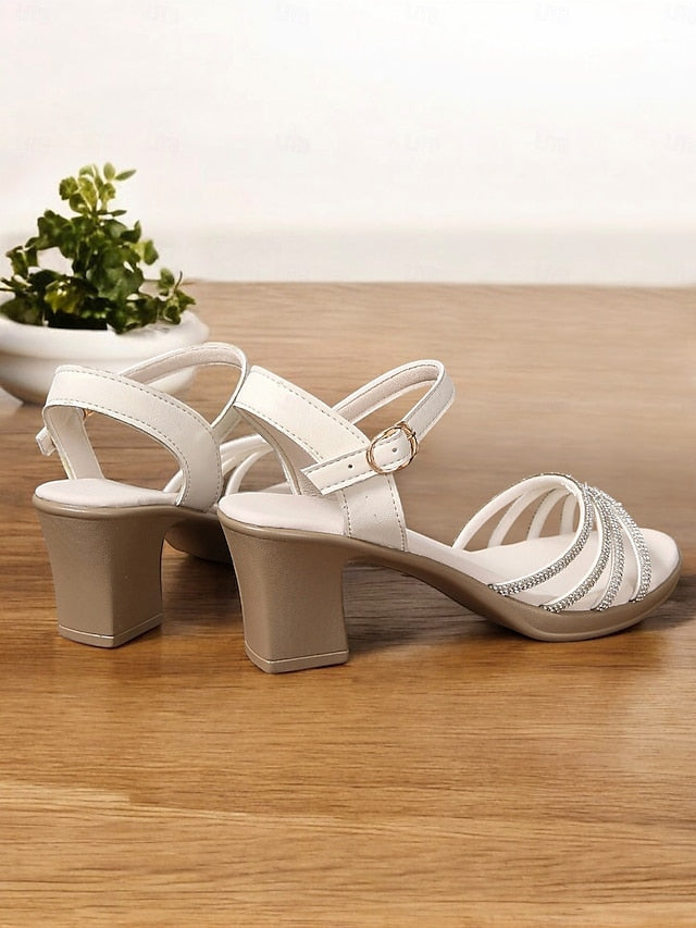 Sandals - Heel Black with Rhinestones Strappy Comfortable Block