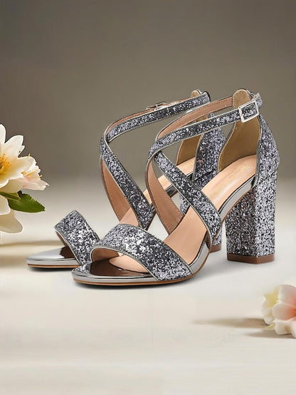 Gold Glitter Women's Heel Sandals Block