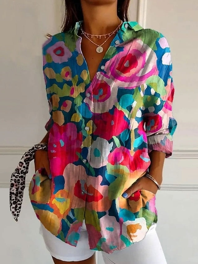 Women's Shirt Pocket Buttons Print Floral Bohemia Hawaiian