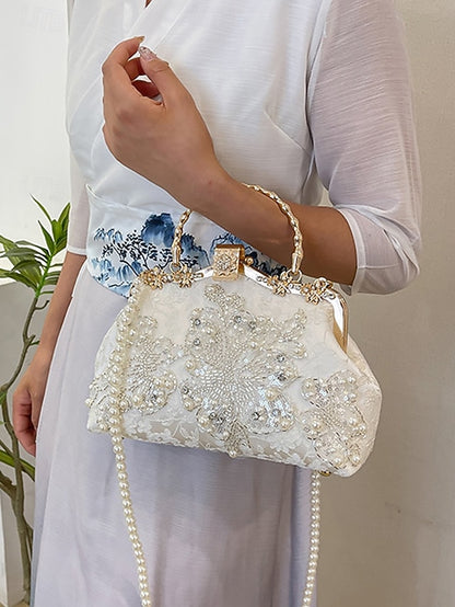 White Pearl Elegant Floral Lace with Handbag and Evening