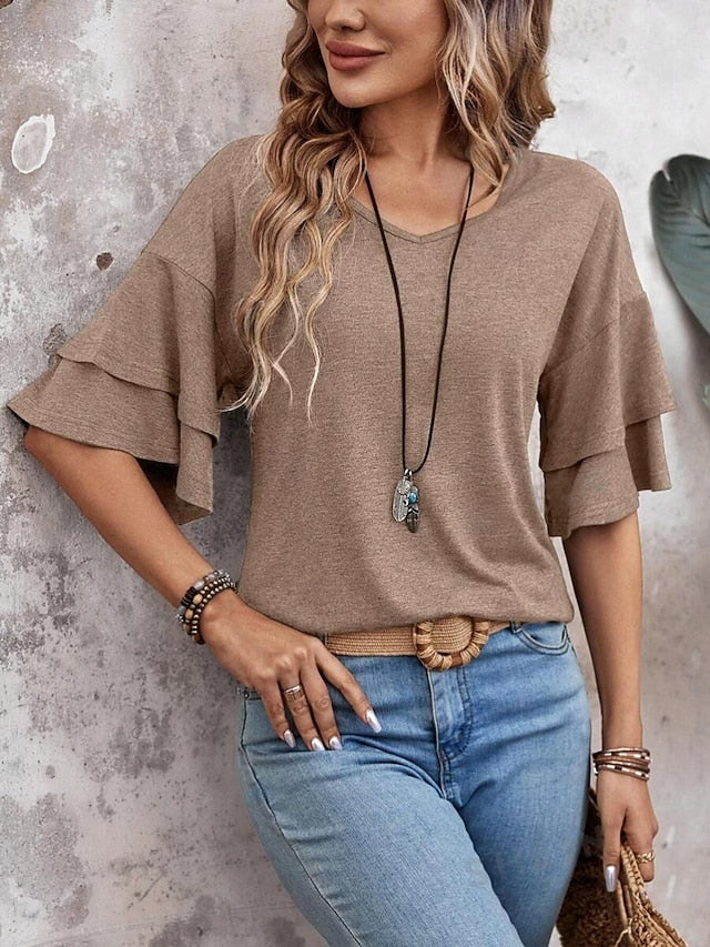 Women's T Shirt Tee Top Ruffle Plain Fashion Stylish