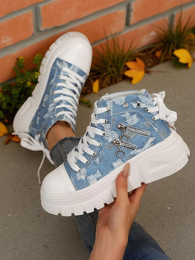 Women's Blue High Top Sneakers with Platform Sole and