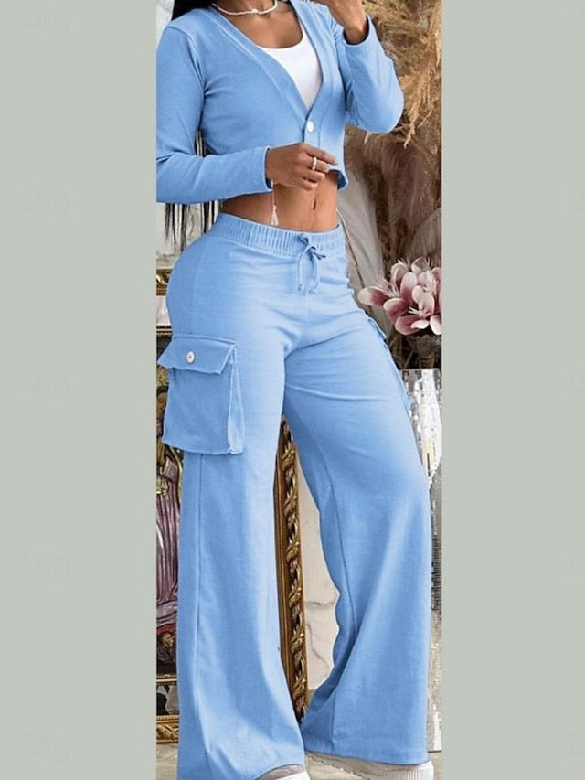 Women's Pants Sets Long Sleeve V Neck Solid Color