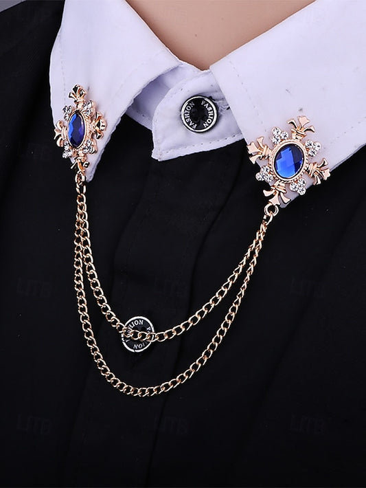 Blue – Gem Double Collar Brooch Elegant Chain Vintage