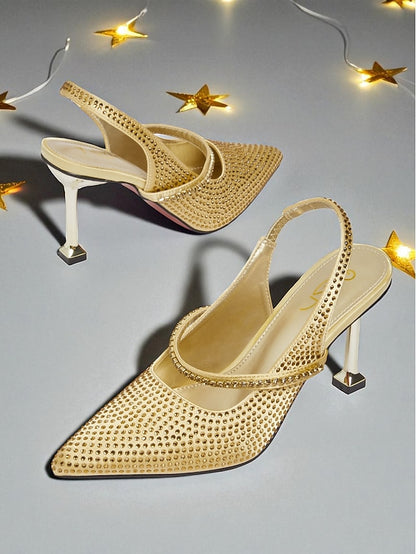 Sparkly Women's Rhinestone Pointed - Gold Heels Toe